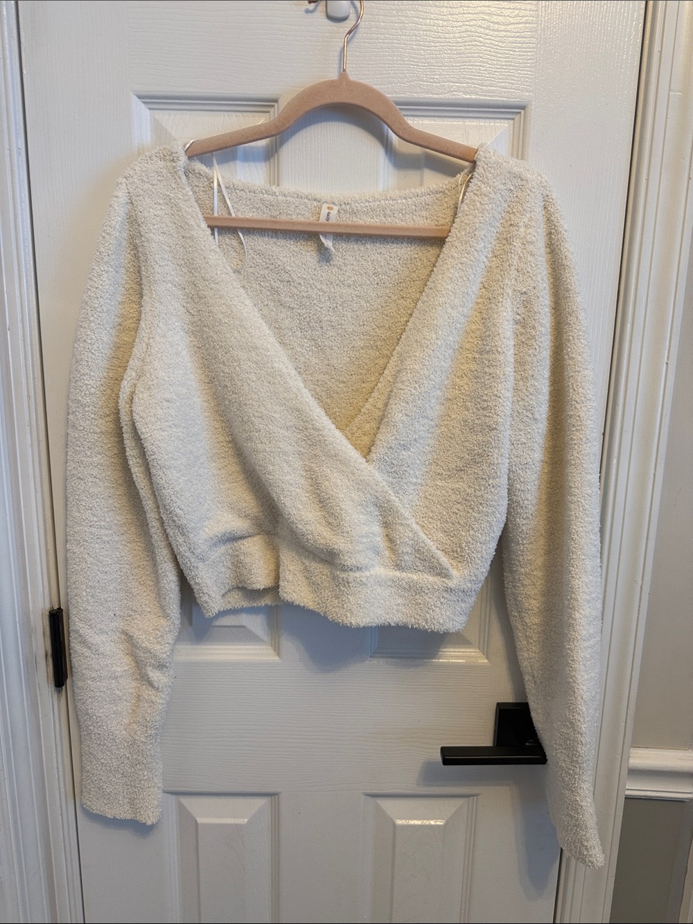 Anthropologie Daily Practice Cream Colored Teddy Bear Fleece Faux Wrap Crop Sz L